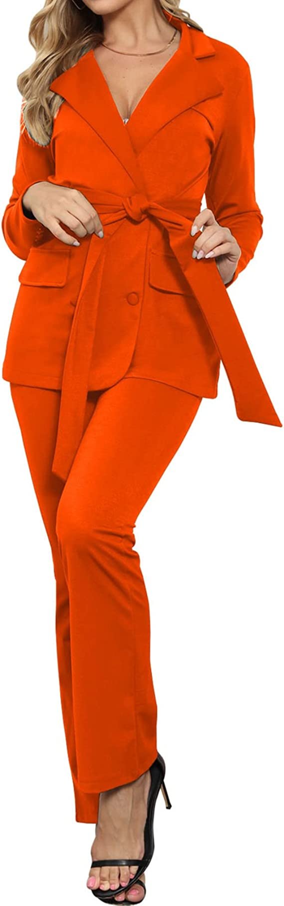 Women's Two Piece Outfits Casual Open Front Blazer and Elastic Waist Flared Pants Suits Set