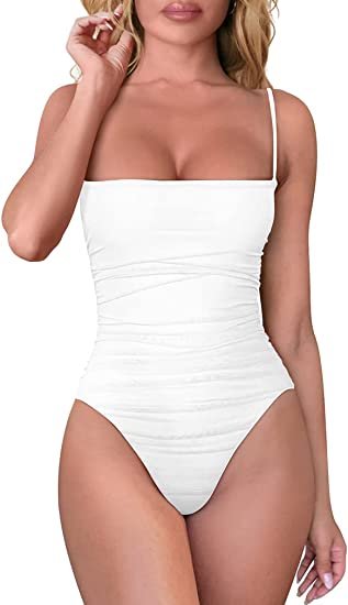 Women's Sexy Bodycon Sleeveless Ruched Spaghetti Strap Square Neck Backless Bodysuits
