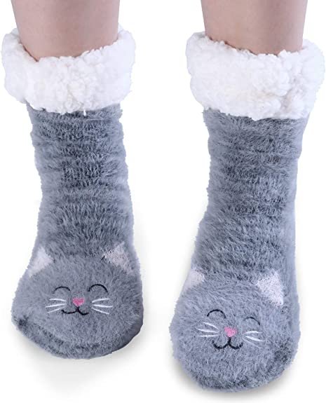 Women’s Fuzzy Slipper Socks With Grippers Cozy Warm Cute Animal Gifts (1 Pairs)