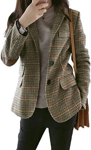 Womens Vintage Lapel Single Breasted Boyfriend Blazer Suits Plaid Jacket